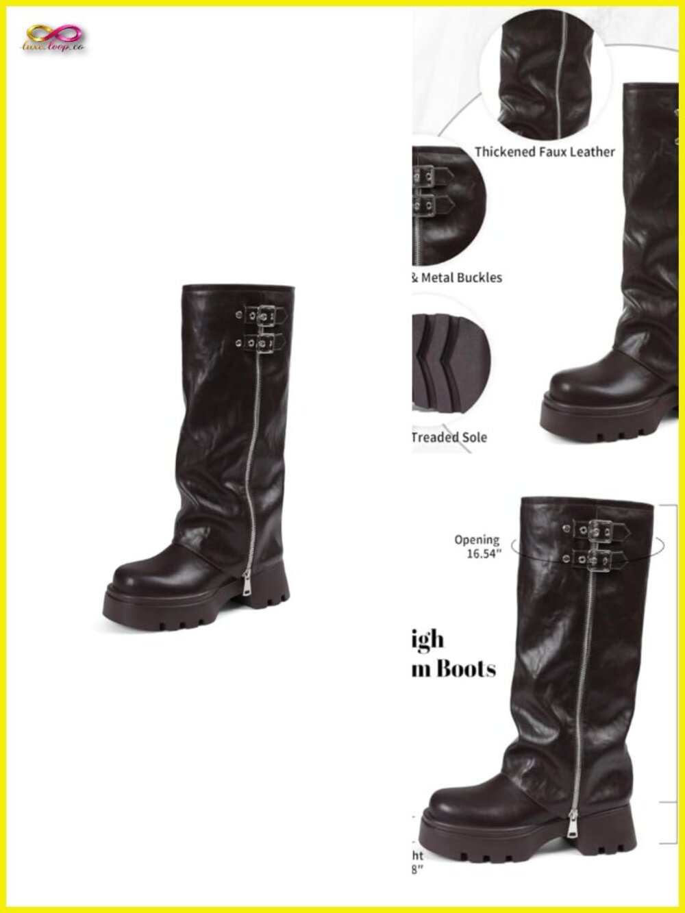Faux Leather Foldover Knee High Boots Chunky Platform Pull On Gothic